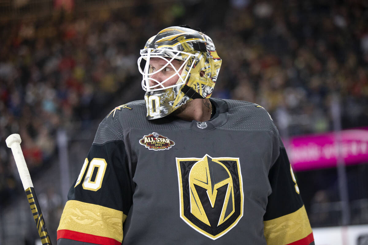 Golden Knights goaltender Robin Lehner (90) looks skates around the net during the second perio ...