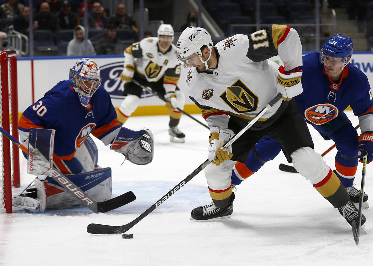 New York Islanders' goalie Ilya Sorokin (30) guards the net against Vegas Golden Knights' Nicol ...