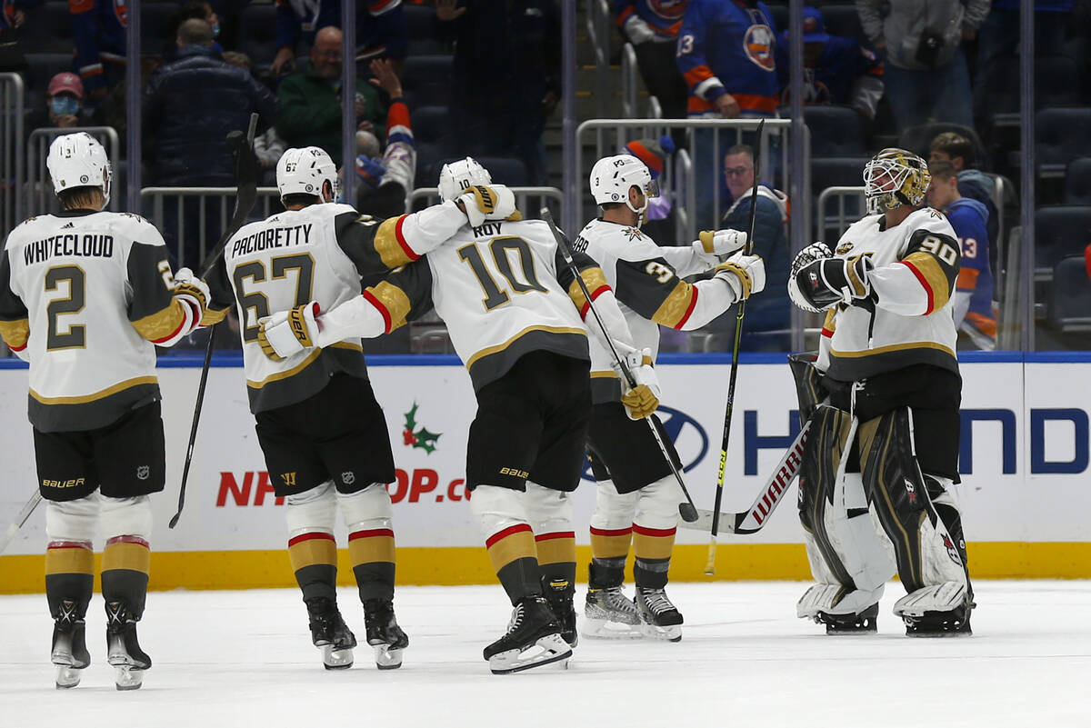 Vegas Golden Knights' Zach Whitecloud (2), Max Pacioretty (67), Nicolas Roy (10) and Brayden Mc ...