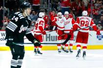 Detroit Red Wings center Dylan Larkin, third from left, celebrates his second goal of the game ...