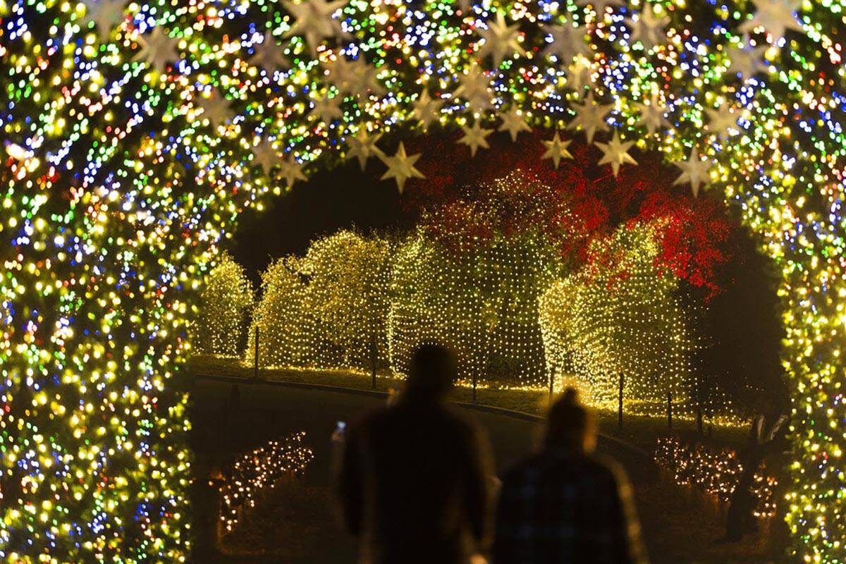 Visitors walk through a light tunnel at a Holiday Road light show in Calabasas, Calif., Friday, ...