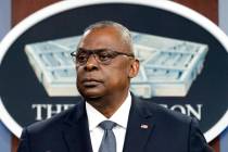 Secretary of Defense Lloyd Austin pauses while speaking during a media briefing at the Pentagon ...