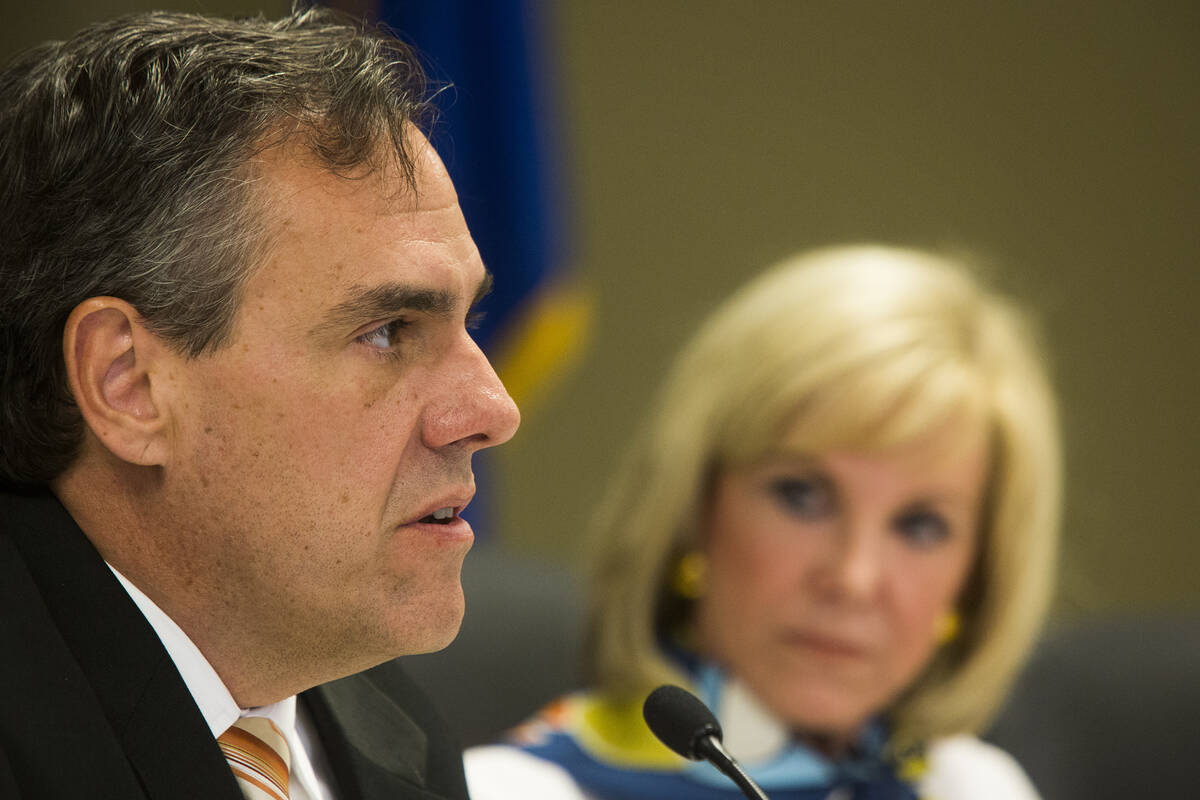 In this Sept. 4, 2013 file photo, Dale Erquiaga, left, and Elaine Wynn as seen during the state ...