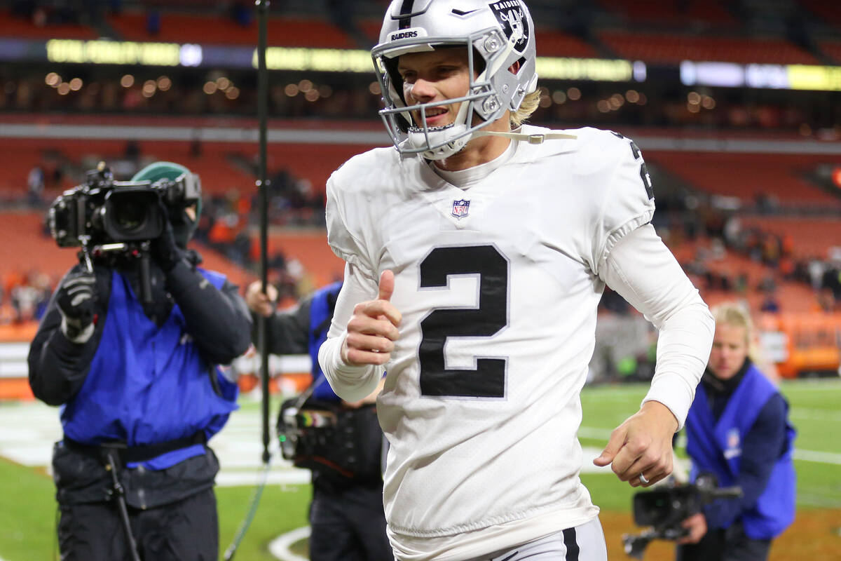 Raiders kicker Daniel Carlson (2) leaves the field after scoring a game winning field goal an N ...