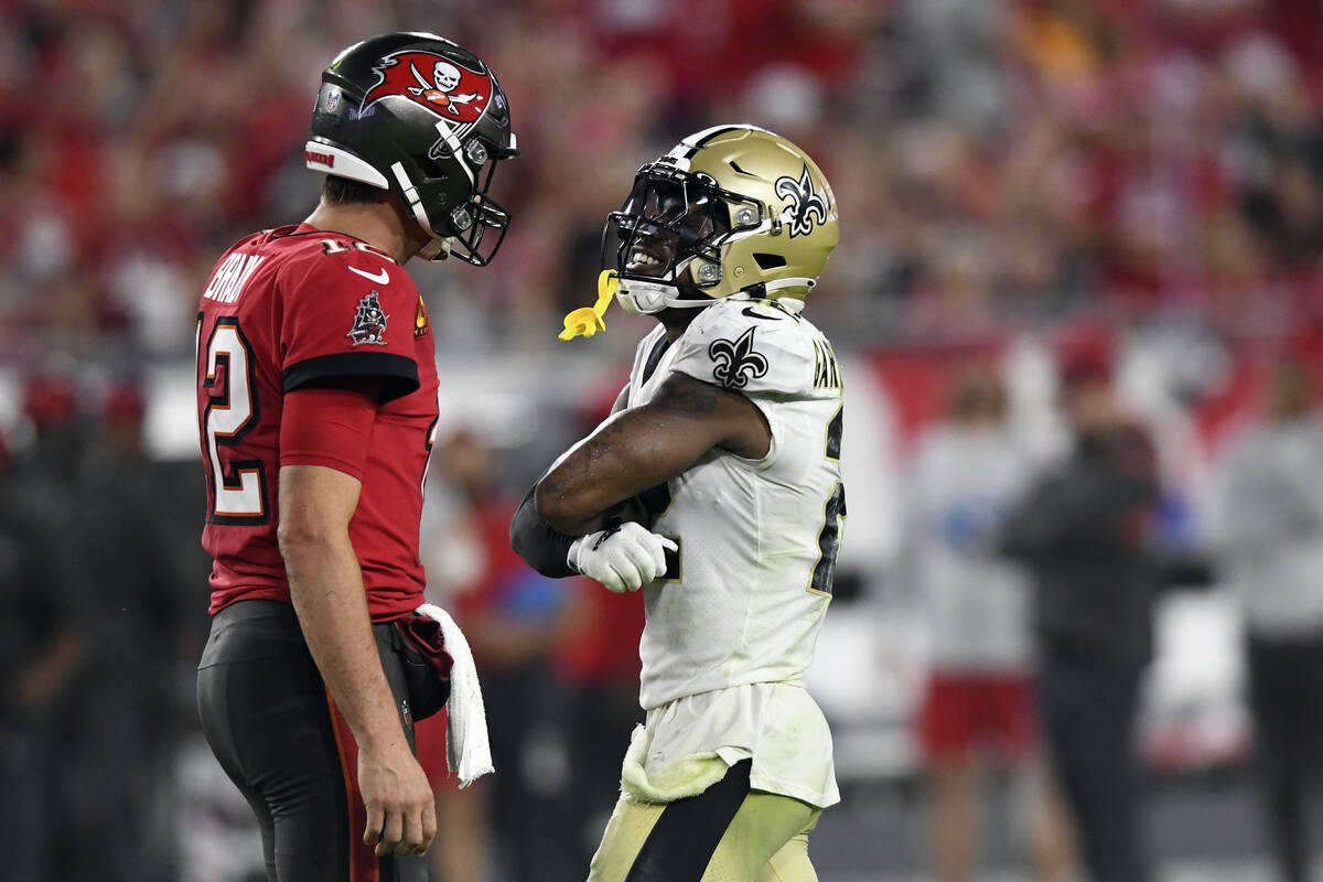 New Orleans Saints defensive back Chauncey Gardner-Johnson, right, taunts Tampa Bay Buccaneers ...