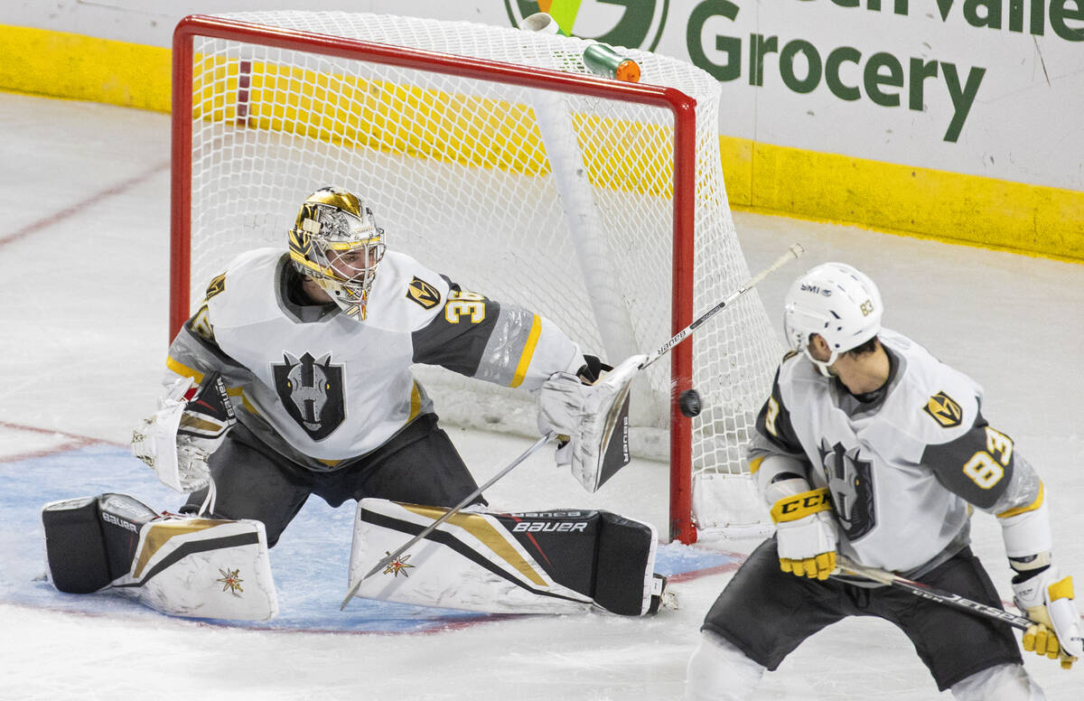 Silver Knights goaltender Logan Thompson (36) makes a prevention  successful  the 2nd  play  during an AHL h ...