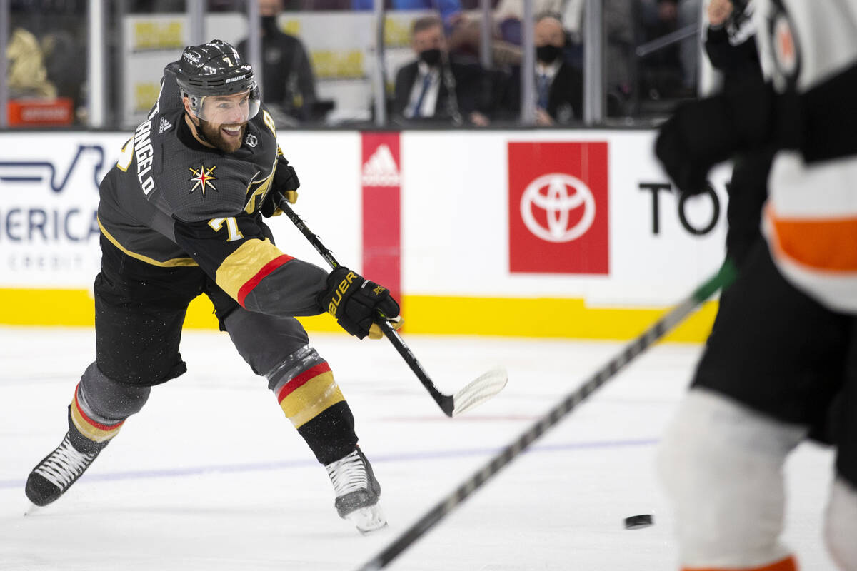 Golden Knights defenseman Alex Pietrangelo (7) takes a shot on goal during the third period of ...