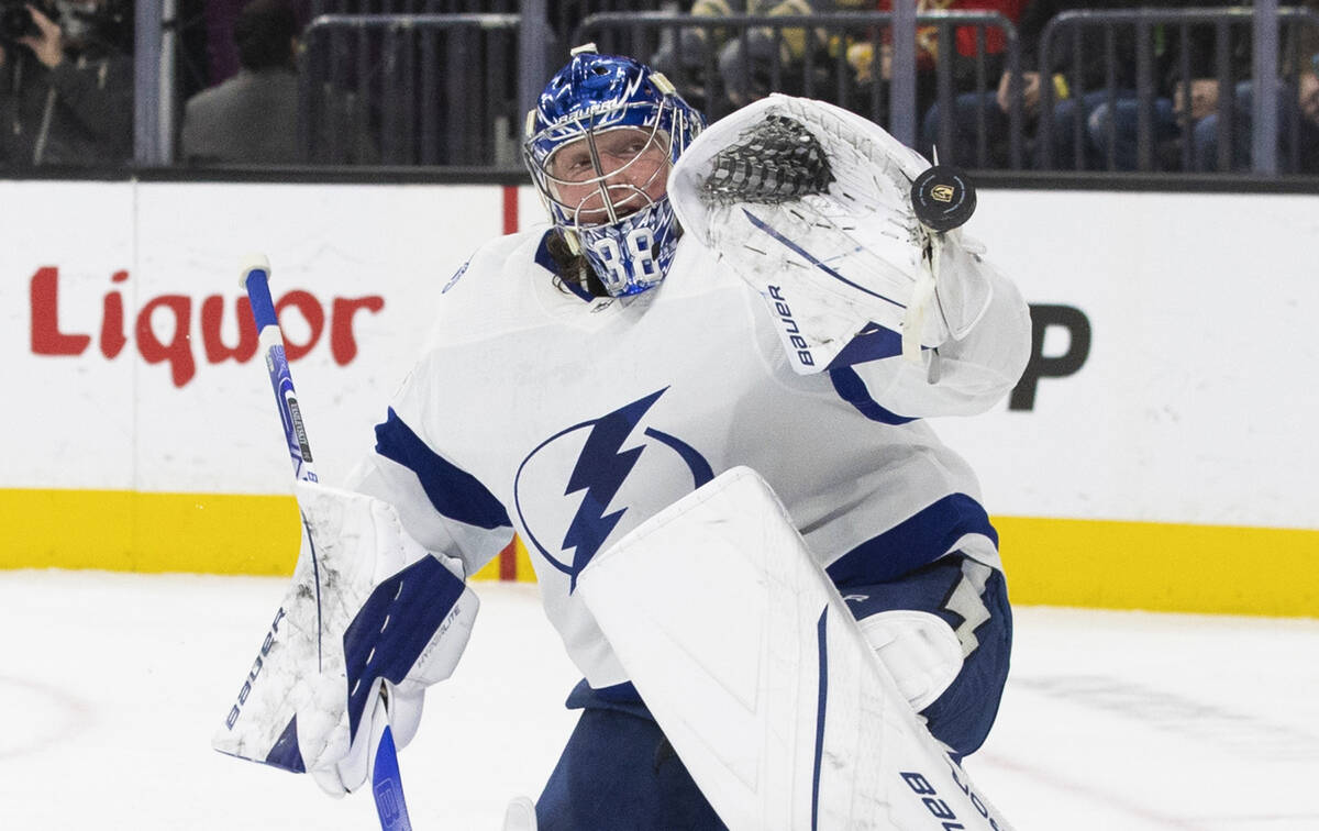 Tampa Bay Lightning goaltender Andrei Vasilevskiy (88) makes a save in the first period during ...