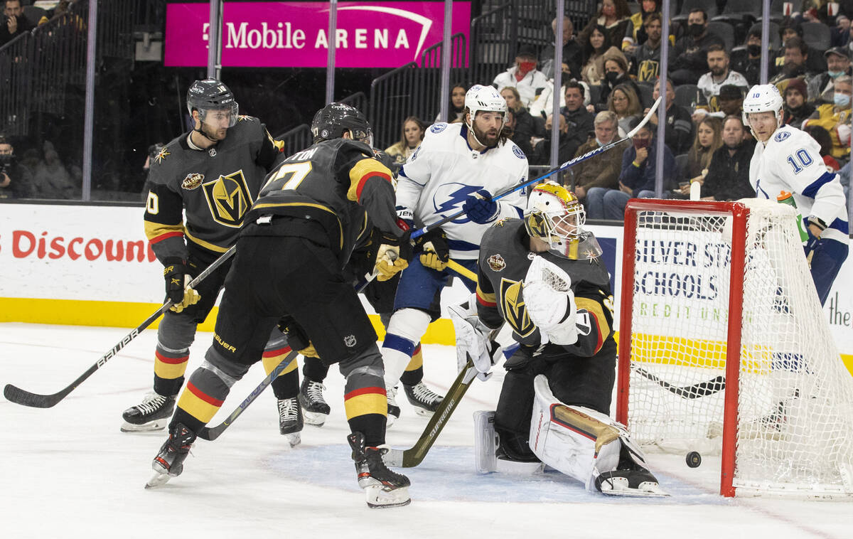 Vegas Golden Knights goaltender Laurent Brossoit (39) lets in a second period goal during an NH ...