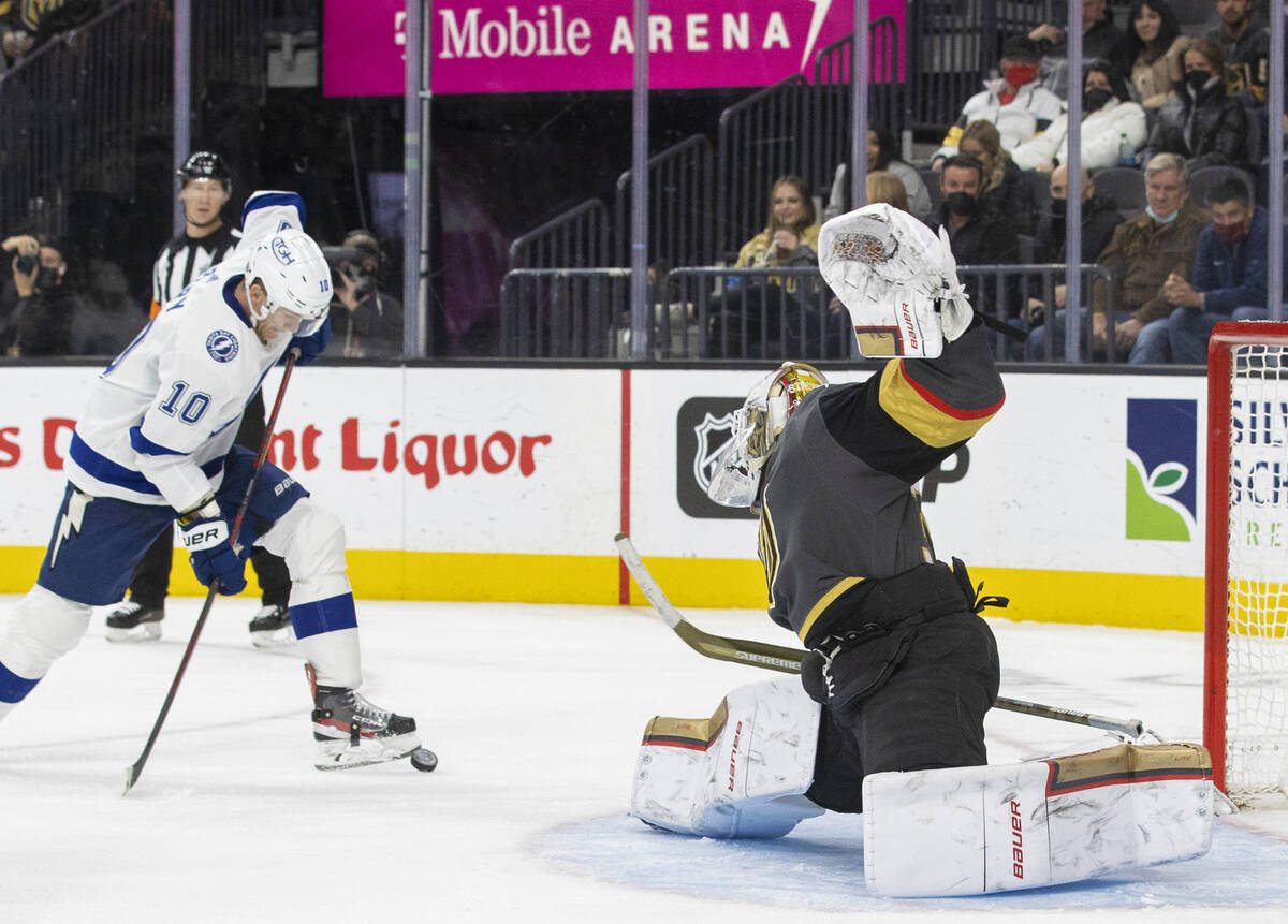 Tampa Bay Lightning right wing Corey Perry (10) shoots on Vegas Golden Knights goaltender Laure ...