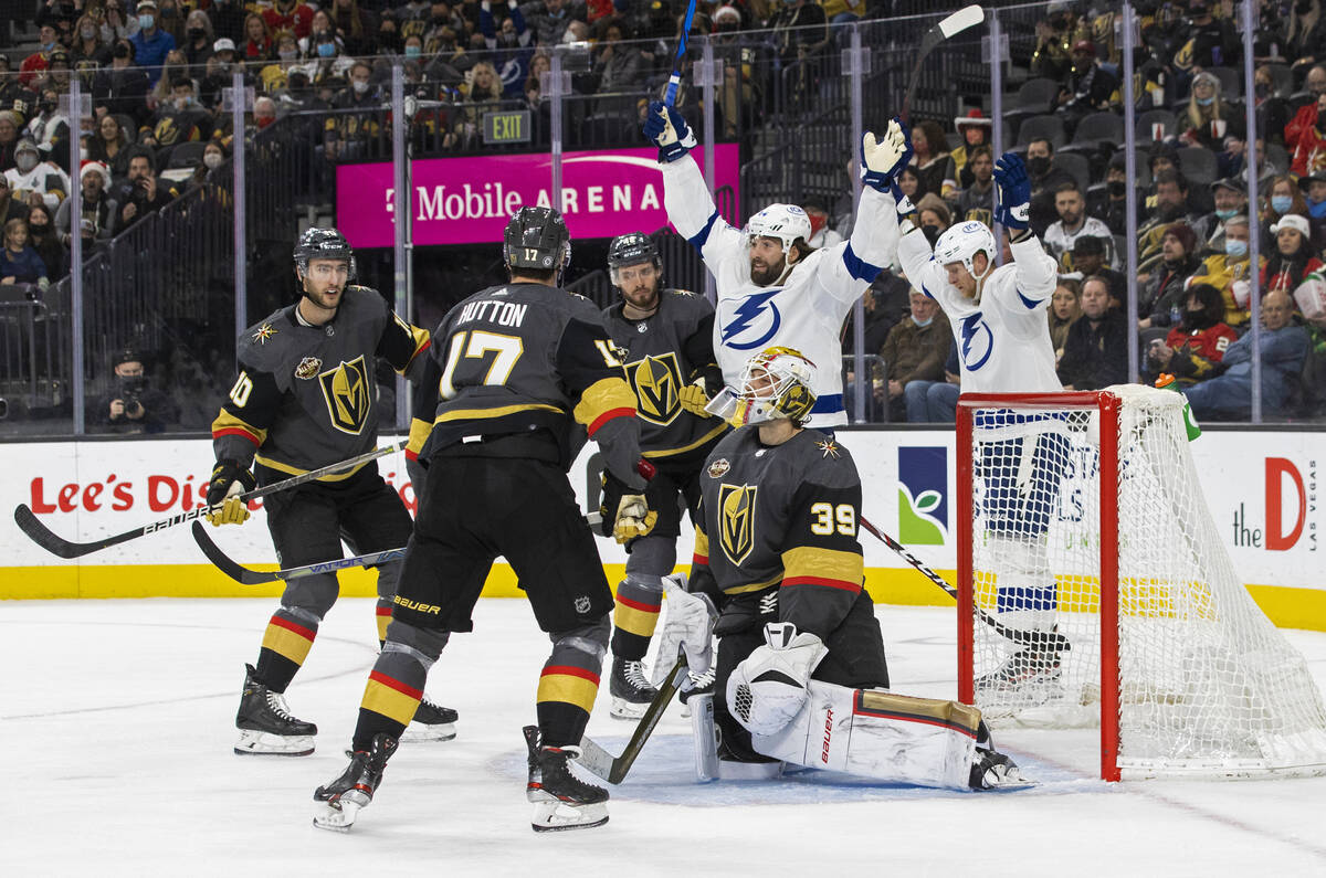 Tampa Bay Lightning celebrate a second period goal given up by Vegas Golden Knights goaltender ...