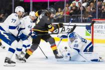 Vegas Golden Knights right wing Mark Stone (61) shoots on Tampa Bay Lightning goaltender Andrei ...