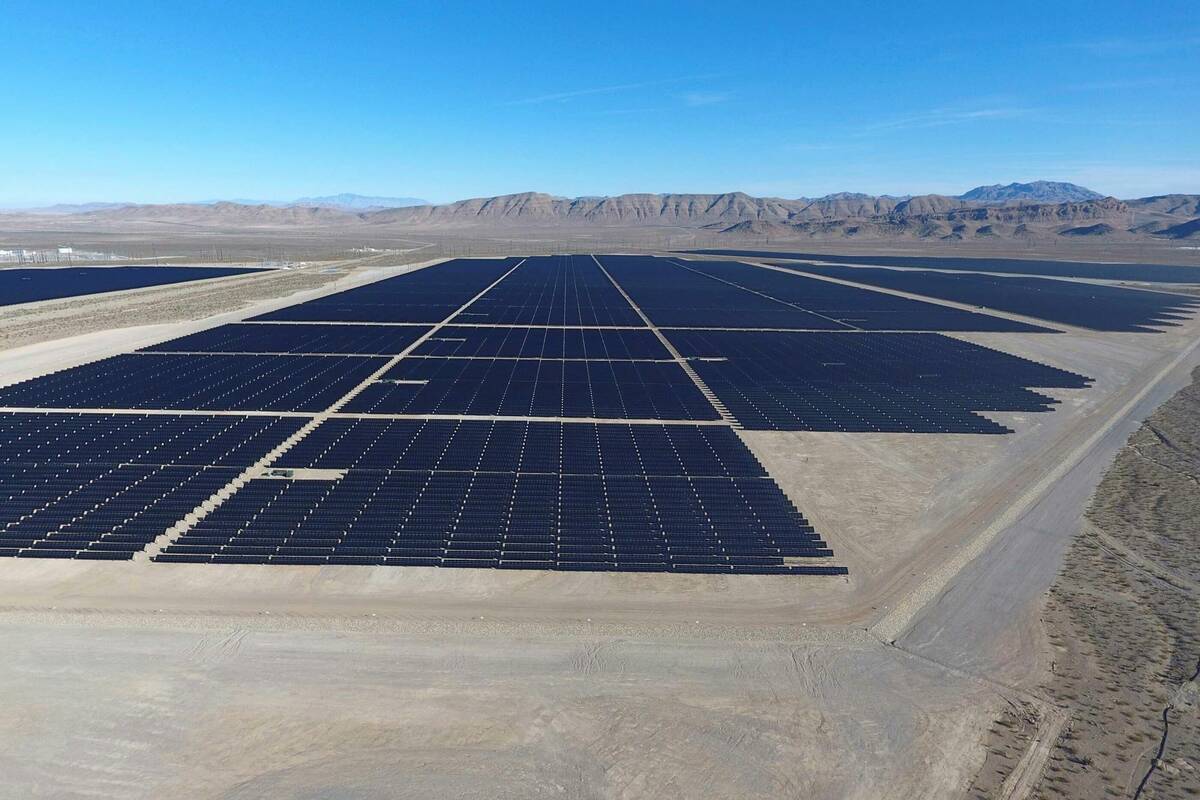 Solar arrays line the desert floor of the Dry Lake Solar Energy Zone as part of the 179 megawat ...