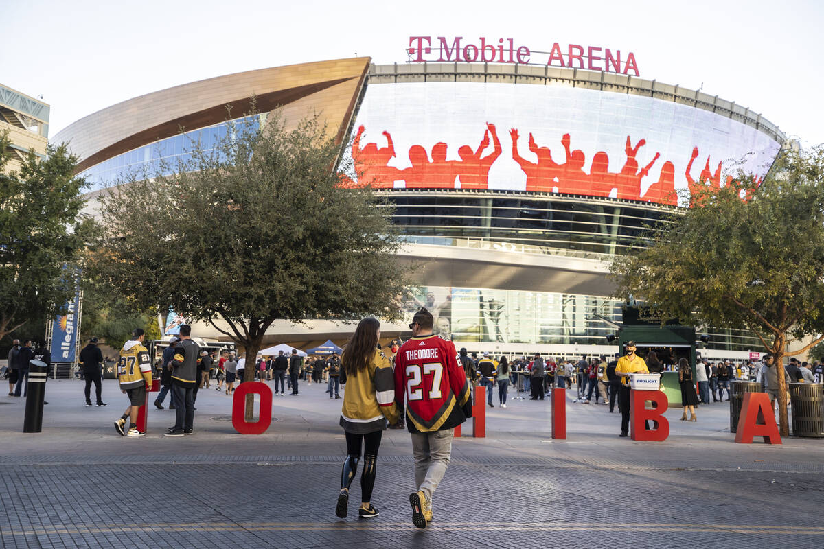 Golden Knights fans before the start of an NHL hockey game against the Seattle Kraken on Tuesda ...