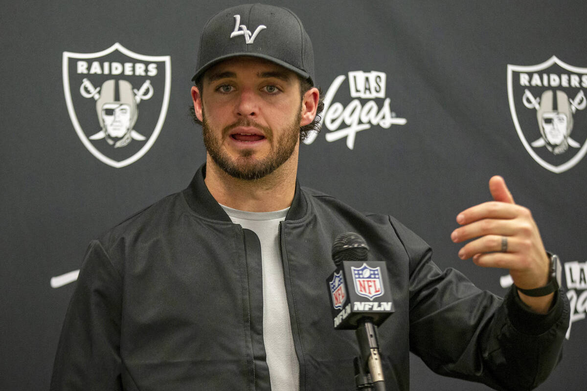 Raiders quarterback Derek Carr (4) addresses the media after an NFL football game where the Rai ...