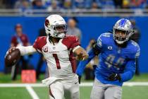 Arizona Cardinals quarterback Kyler Murray (1) is pressured by Detroit Lions inside linebacker ...