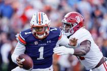 Alabama linebacker Will Anderson Jr. (31) sacks Auburn quarterback TJ Finley (1) during the fir ...