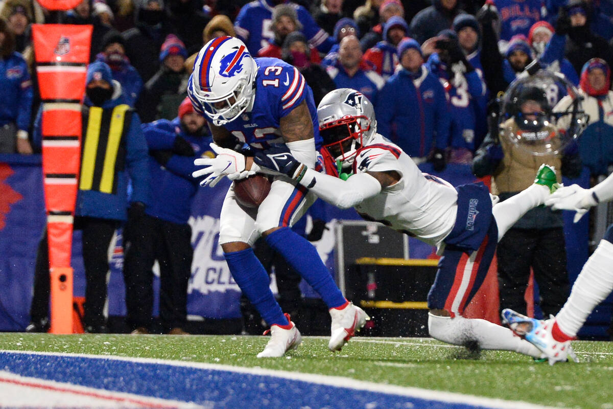 Buffalo Bills wide receiver Gabriel Davis (13) hauls in a pass from Josh Allen for a touchdown ...