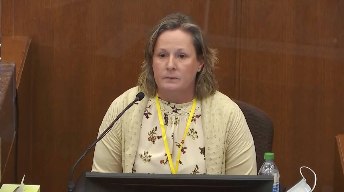 In this screen grab from video, former Brooklyn Center Police Officer Kim Potter testifies in c ...