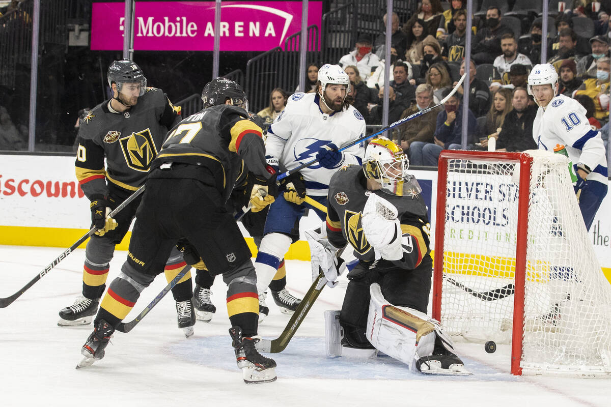 Vegas Golden Knights goaltender Laurent Brossoit (39) lets in a second period goal during an NH ...