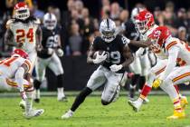 Raiders wide receiver Bryan Edwards (89) runs past Kansas City Chiefs safety Juan Thornhill (22 ...