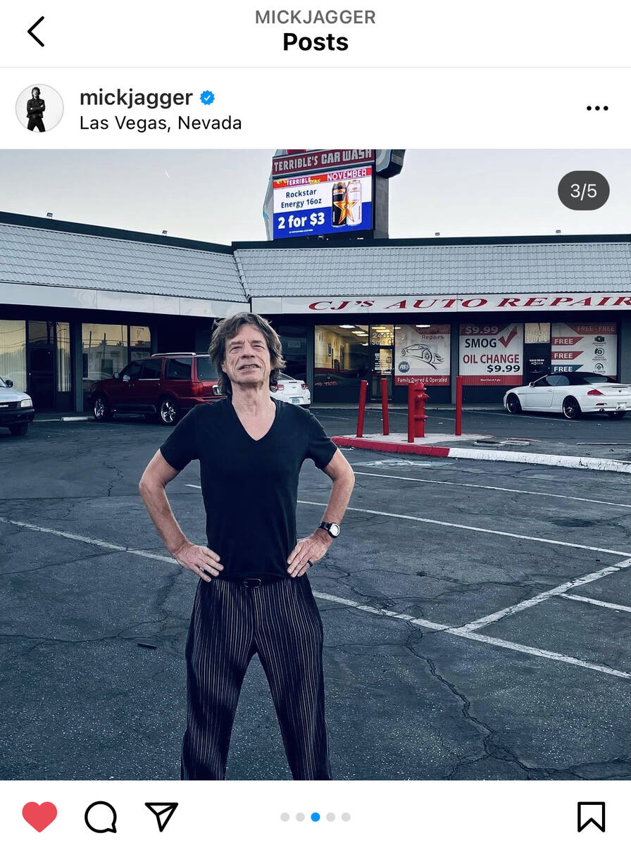 Legendary rocker Mick Jagger is shown in front of CJ's Auto Repair shot in an Instagram post fr ...