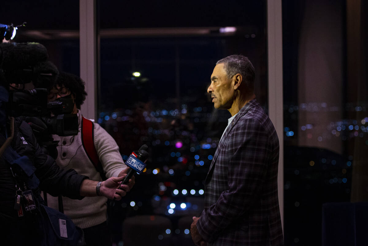Arizona State coach Herm Edwards speaks during a media event at Circa's Legacy Club ahead of th ...