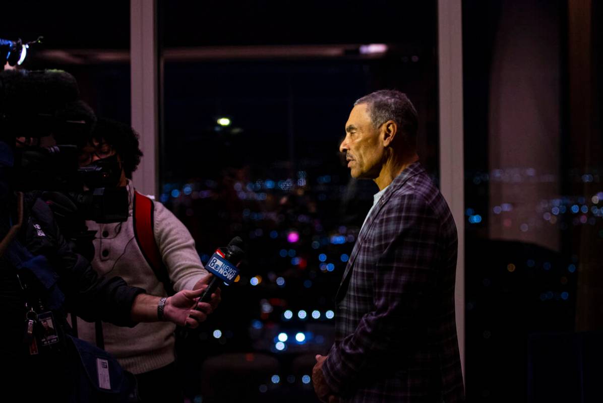 Arizona State coach Herm Edwards speaks during a media event at Circa's Legacy Club ahead of th ...