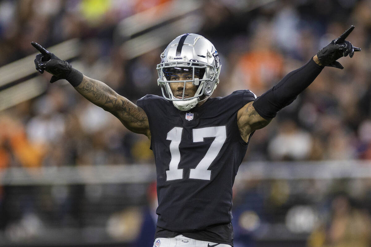 Raiders wide receiver Tyron Johnson (17) celebrates as time expires in the second half of an NF ...