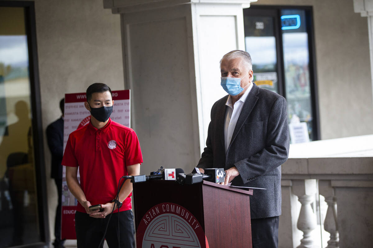 Gov. Steve Sisolak speaks during a press conference held with the Asian Community Development C ...