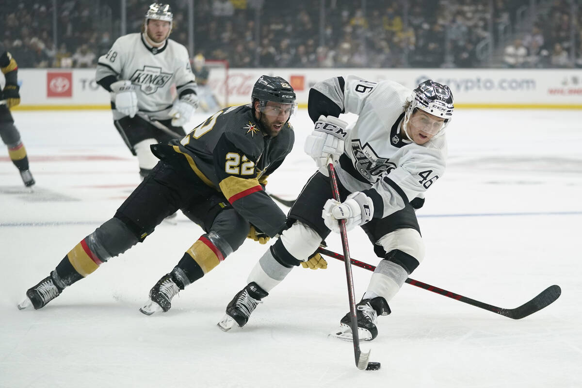 Los Angeles Kings center Blake Lizotte (46) controls the puck against Vegas Golden Knights cent ...