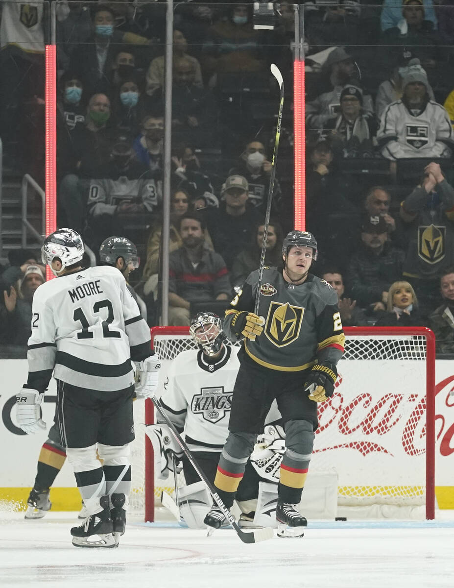 Vegas Golden Knights center Mattias Janmark (26) celebrates after scoring a goal during the sec ...