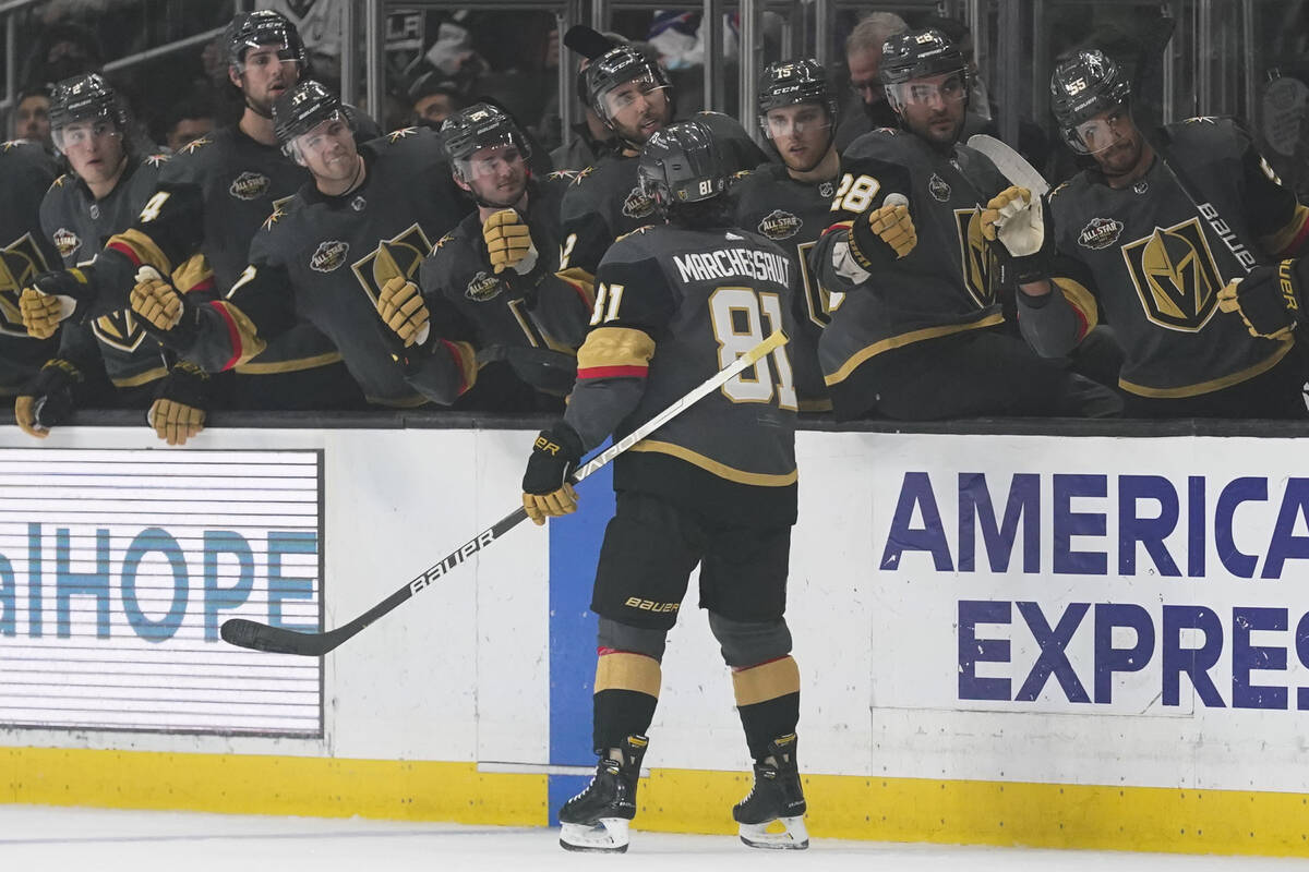 Vegas Golden Knights center Jonathan Marchessault (81) celebrates after scoring during the firs ...