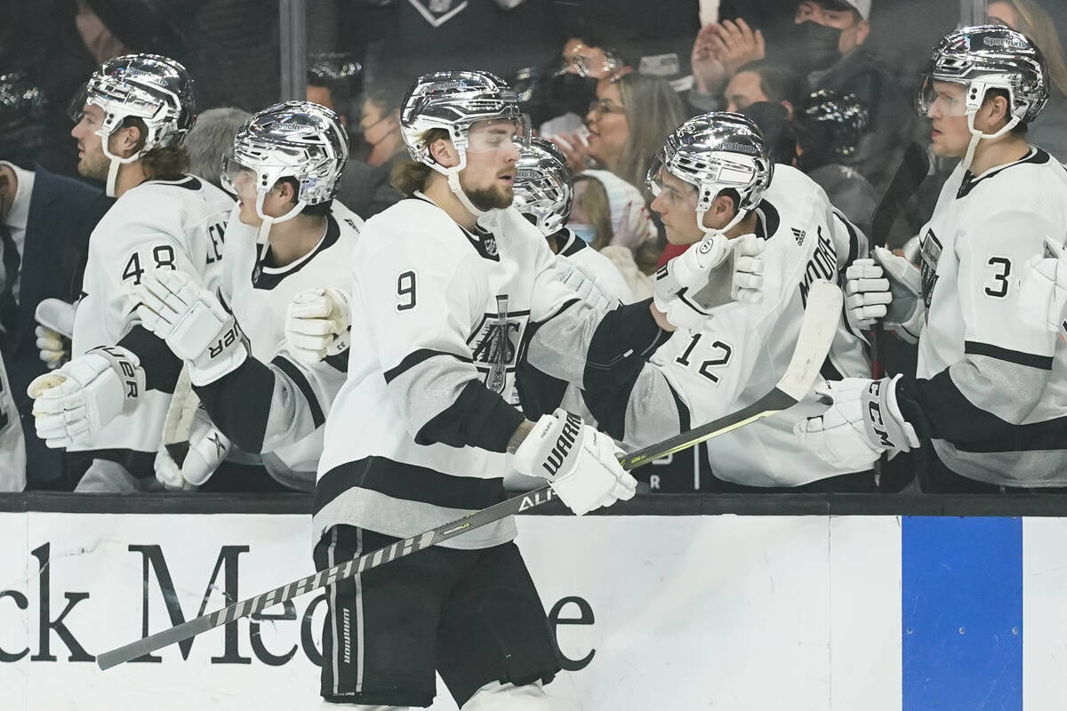Los Angeles Kings center Adrian Kempe (9) celebrates after scoring during the first period of a ...