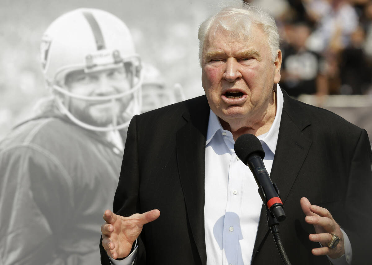 FILE - Former Oakland Raiders head coach John Madden speaks about former quarterback Ken Stable ...