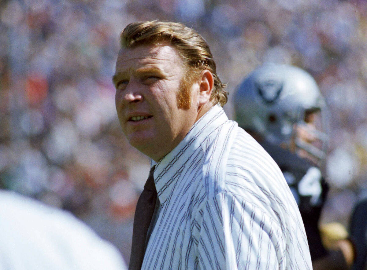 Oakland Raiders coach John Madden stands on the sideline during an NFL football game in October ...