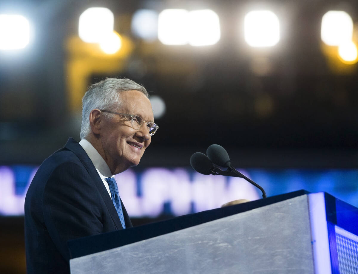 Senate Minority Leader Harry Reid addresses the crowd during the third day of the Democratic Na ...