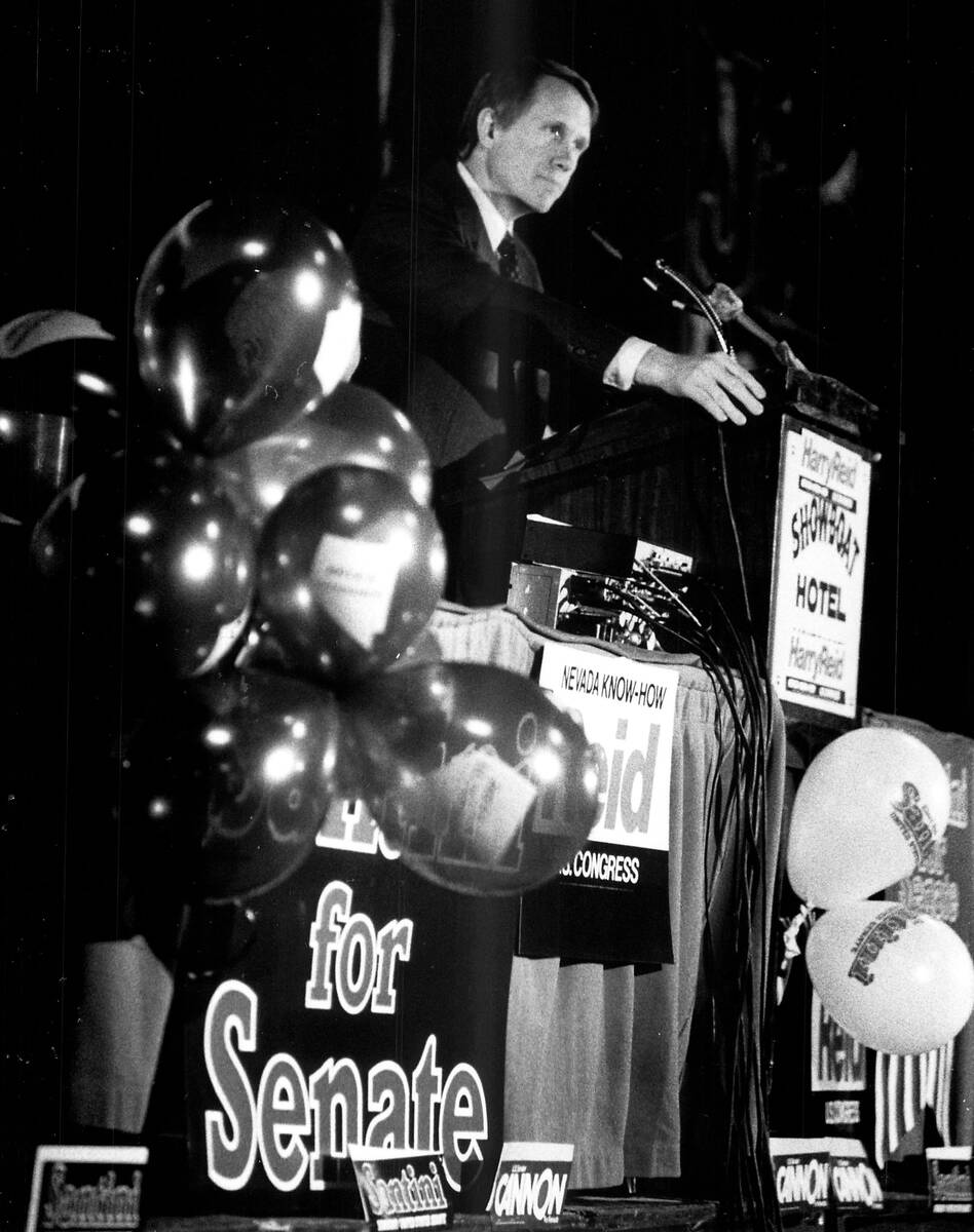 U.S. legislature  campaigner  Harry Reid astatine  a run  halt  astatine  the Showboat Hotel successful  Las Vegas successful  March ...