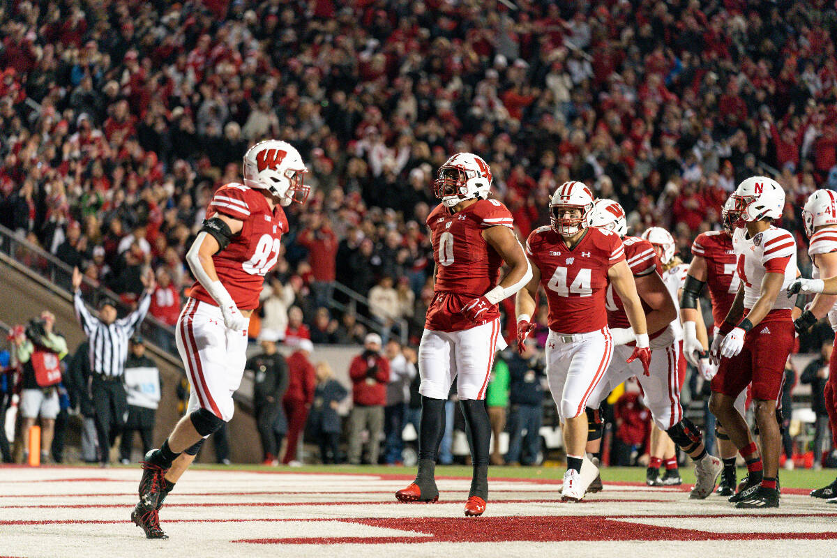 Wisconsin running back Braelon Allen (0) celebrates a touchdown against Nebraska during the sec ...