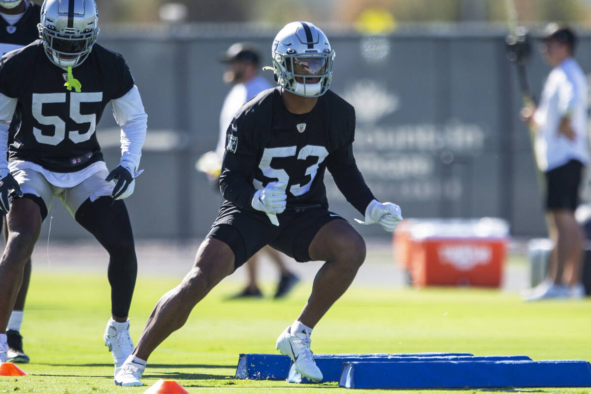 Raiders linebacker Javin White (53) works through a drill during a practice session at the Raid ...