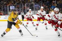 Golden Knights defenseman Alex Pietrangelo (7) shoots on goal past Carolina Hurricanes left win ...