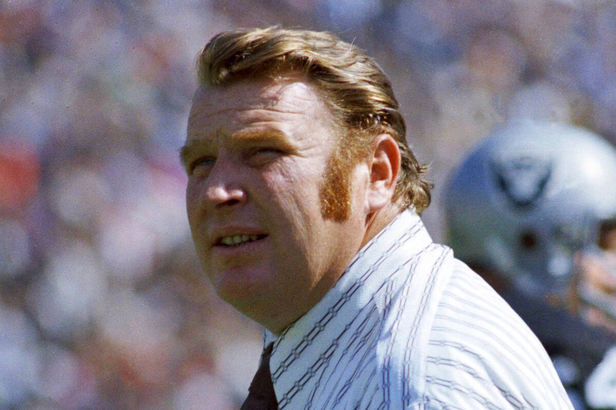 Oakland Raiders coach John Madden stands on the sideline during an NFL football game in October ...