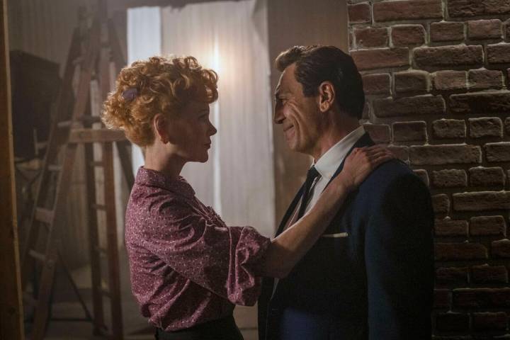 This image released by Amazon shows Nicole Kidman as Lucille Ball, left, and Javier Bardem as D ...