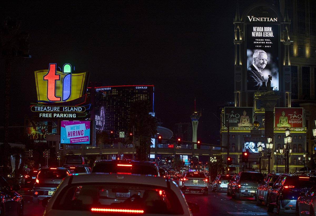 Strip marquee on The Venetian in honor of Harry Reid following his death on Wednesday, Dec. 29, ...