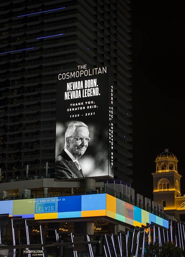 Strip marquee on The Cosmopolitan in honor of Harry Reid following his death on Wednesday, Dec. ...