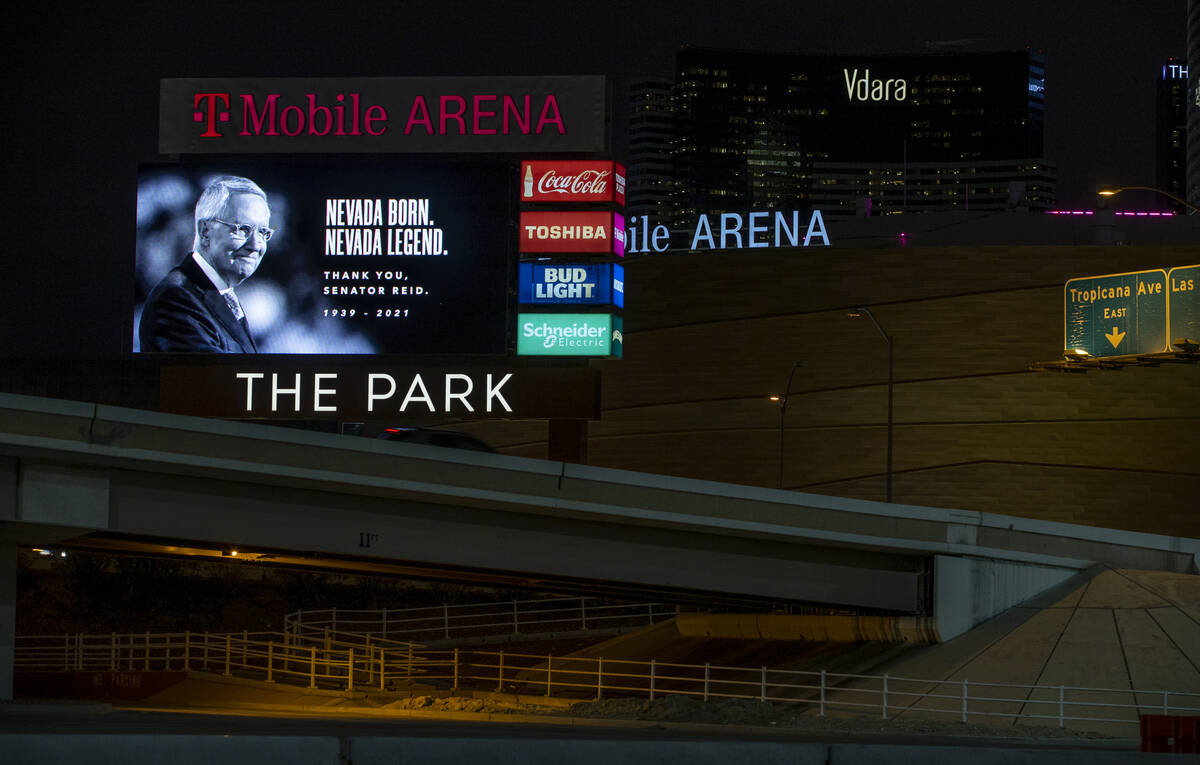 Strip marquee on T-Mobile Arena in honor of Harry Reid following his death on Wednesday, Dec. 2 ...