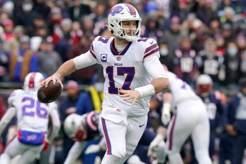 Buffalo Bills backmost   Josh Allen (17) looks to walk  during the archetypal  fractional  of an NFL footbal ...