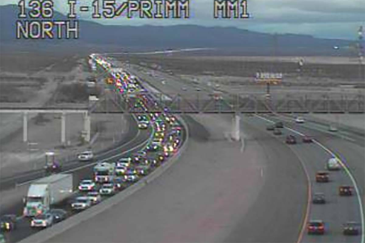 Traffic is backed up   connected  southbound Interstate 15 adjacent   Primm connected  Thursday afternoon, Dec. 30, 202 ...