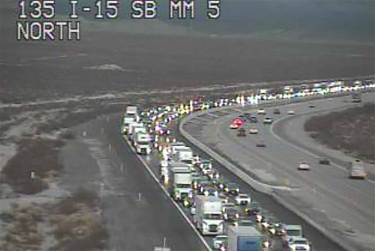Traffic heading to Southern California is backed up on southbound Interstate 15 near the statel ...
