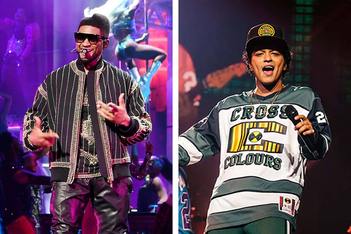 Usher, left, joined Bruno Mars on stage Thursday and teased an upcoming Dolby Live residency. ( ...